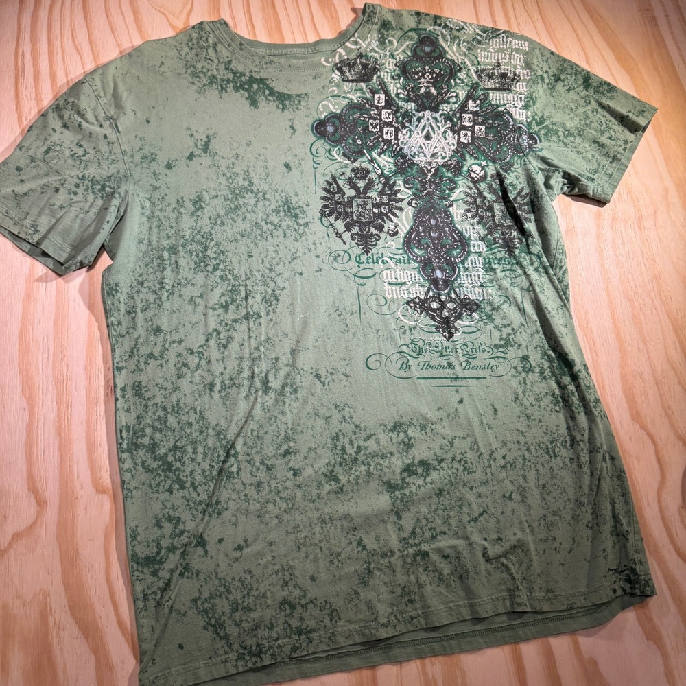 Archaic by Affliction Men's T-Shirt Green Acid Wash Cross Graphic Size 2XL